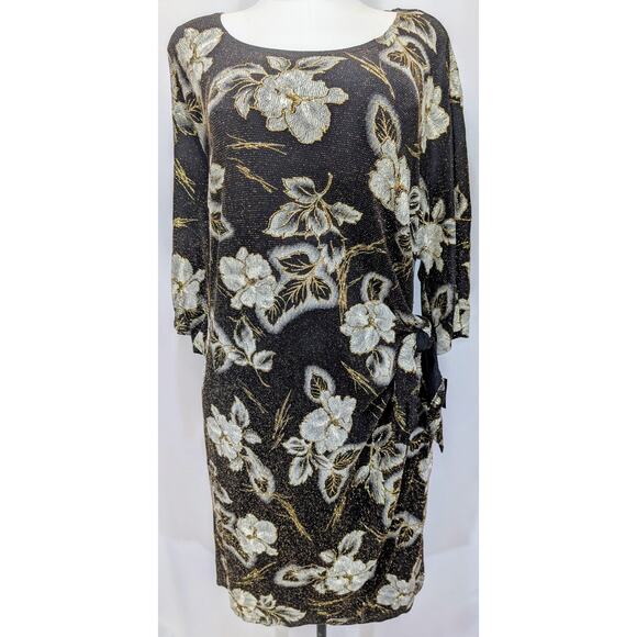 Signature by Robbie Bee Metallic Floral Black Gold Silver Dress 2X NWT - Picture 1 of 9